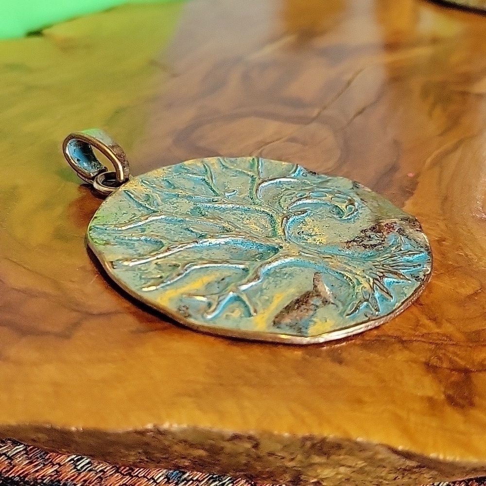 Pale Golden & Teal Colored Tree Of Life And Moon Bigger Pendant - Picture 4 of 7